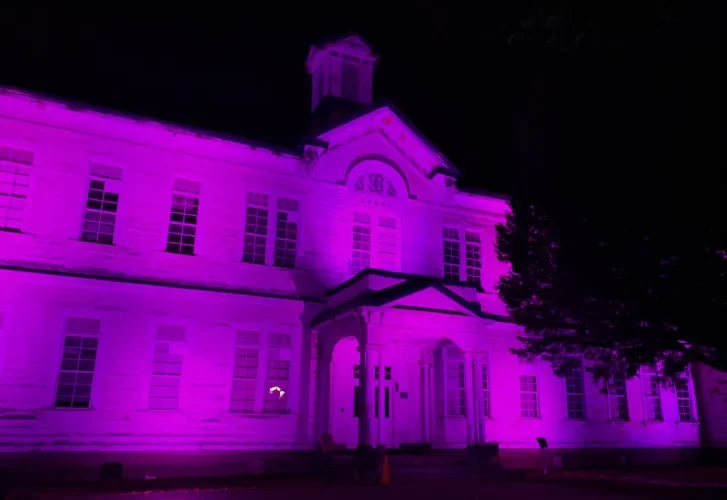 古河講堂が紫色にライトアップ　ハラスメント防止を訴える